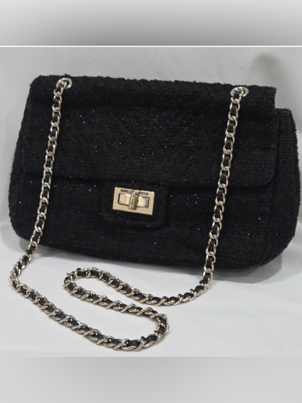 Karl Lagerfeld Black Tweed Shoulder Bag with Gold Chain
